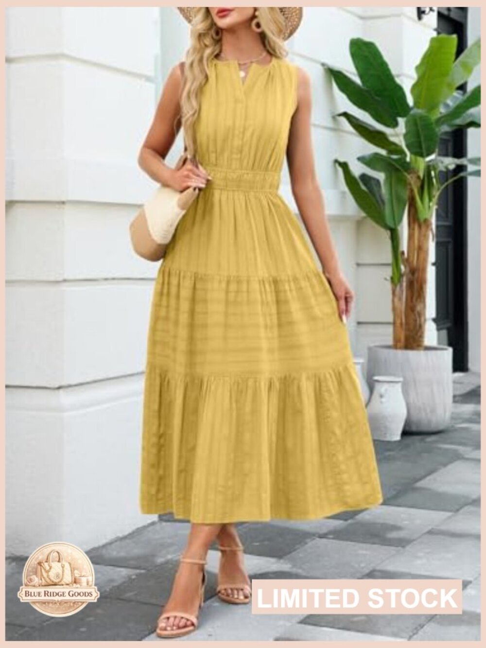 Summer Maxi Dress V Neck Sleeveless Elastic Waist Midi Dress with Pockets - Picture 3 of 7
